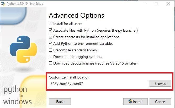 specify installation folder for Python 3.7