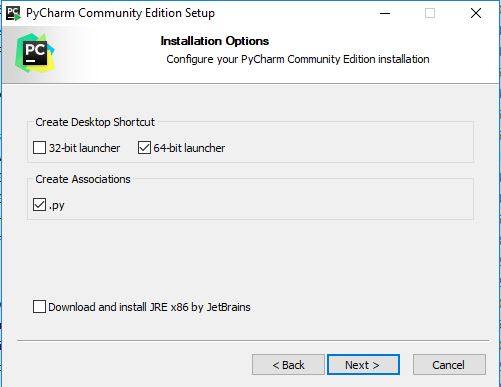 select installation options for PyCharm IDE