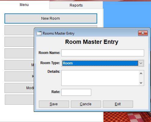 New room master entry option in hotel software.