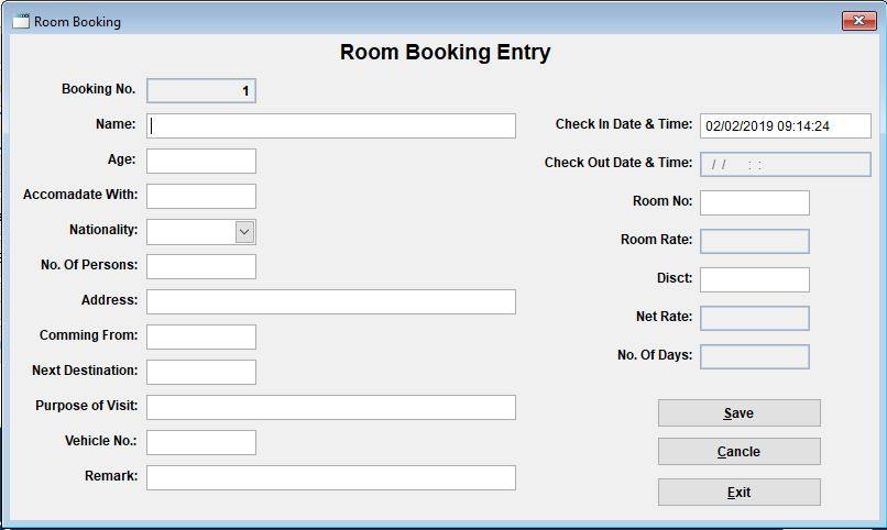Book a new room option in hotel software.