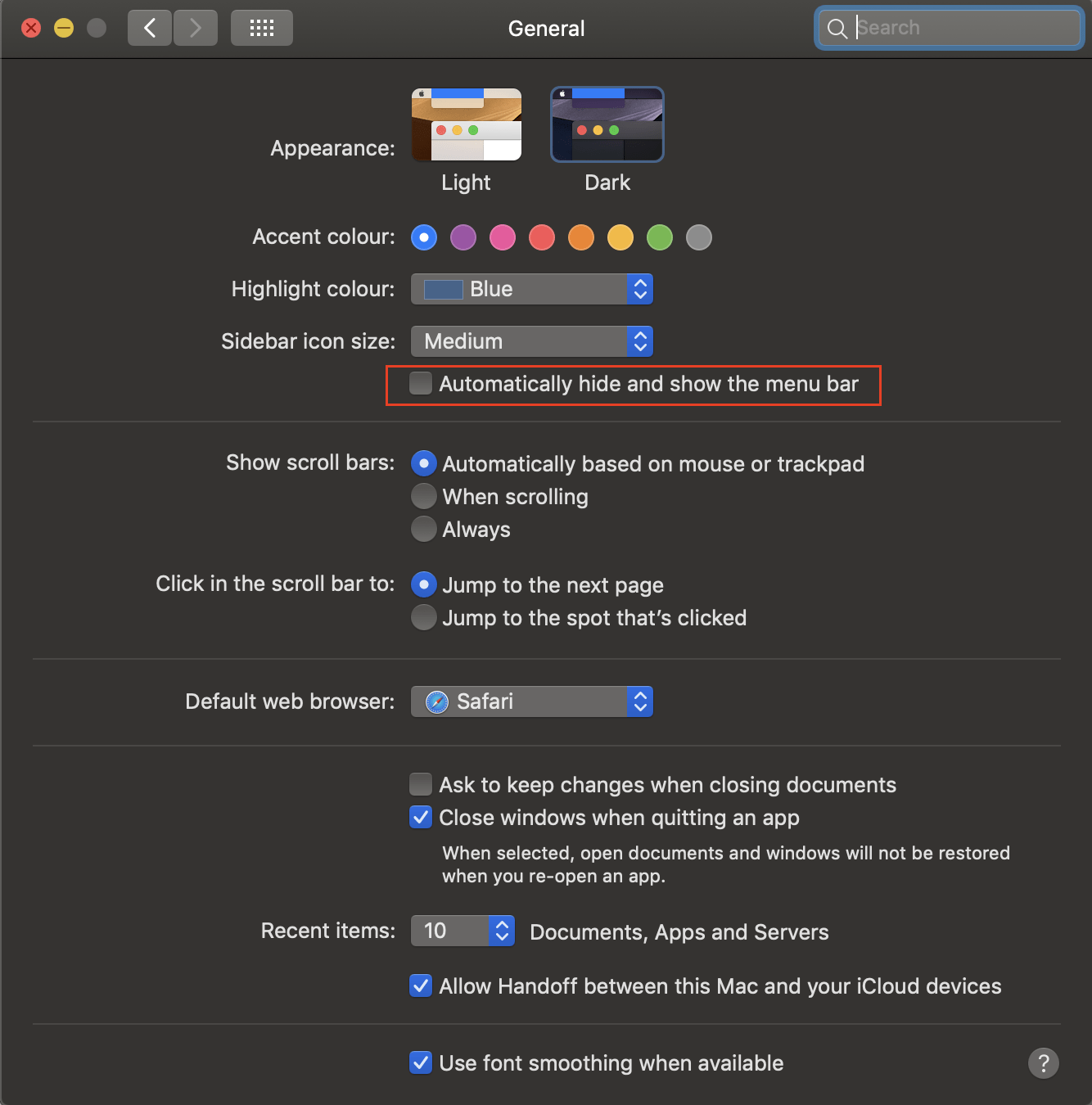 General settings screen on macOS Mojave.