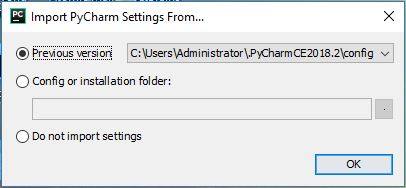 PyCharm import settings screen.