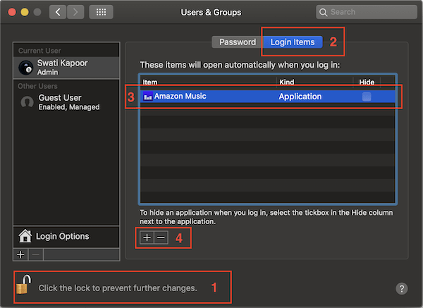 Remove login items for a user in macOS Mojave.