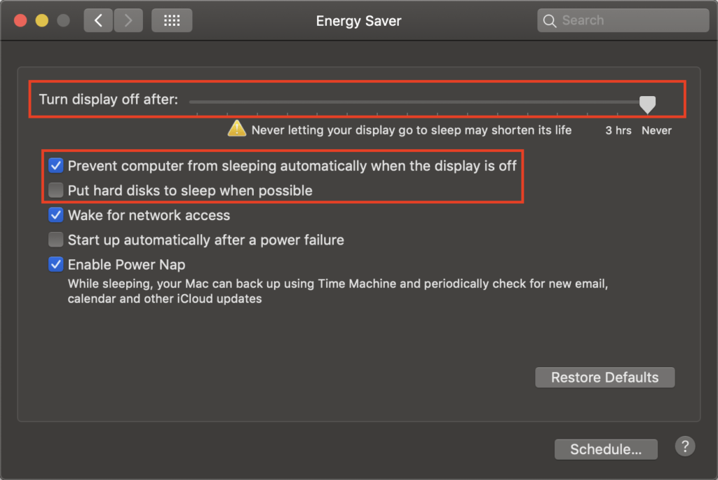 Energy Saver configuration in macOS Mojave.